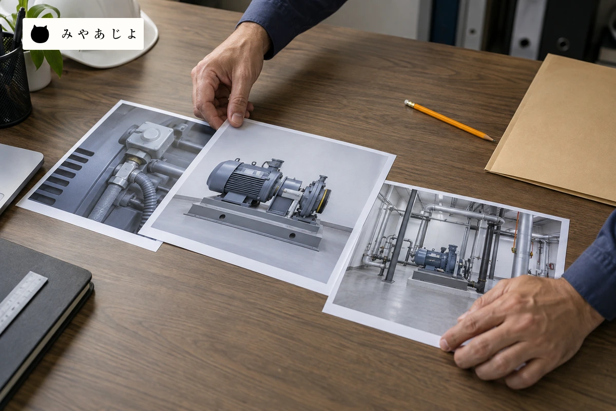 設備会社の担当者が無記名の設備写真三枚を机上で見比べる場面