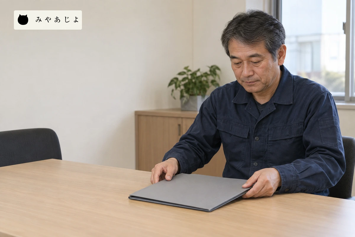 設備会社で閉じた無地ファイルを机に置く担当者。実際の点検記録や報告内容は示していない