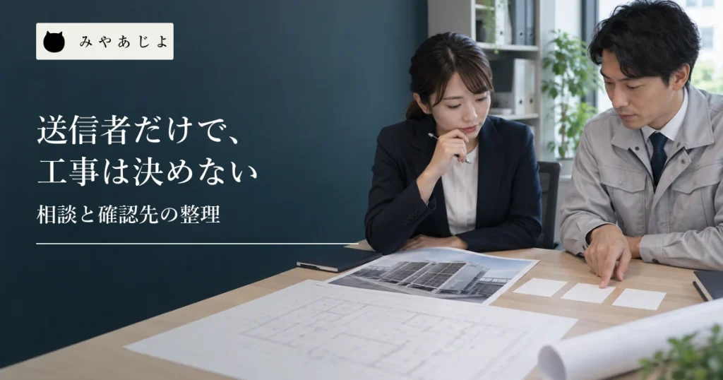 無記名の設備工事相談資料を見ながら連絡先の役割を整理する担当者二人