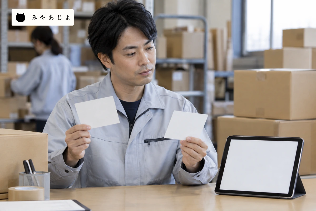 倉庫担当者が文字のない在庫カードと空白の作業表を見比べる場面