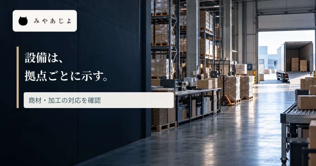 物流倉庫の設備と出荷場に設備を拠点ごとに示す見出しを重ねた画像