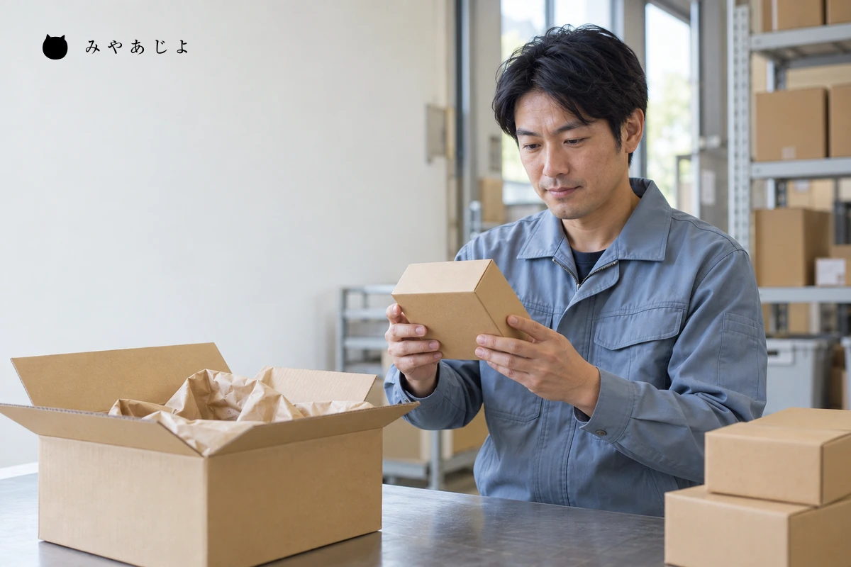 倉庫の梱包作業台で商品箱を確認する担当者の架空イメージ
