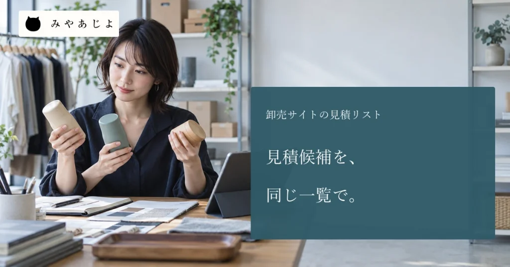 成人卸売担当者が無地の商品見本を見比べる場面