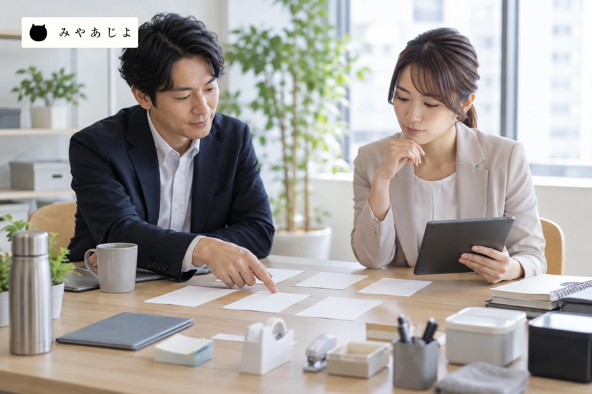 成人現場担当者と購買担当者が白紙の商品候補カードを机で見比べる場面