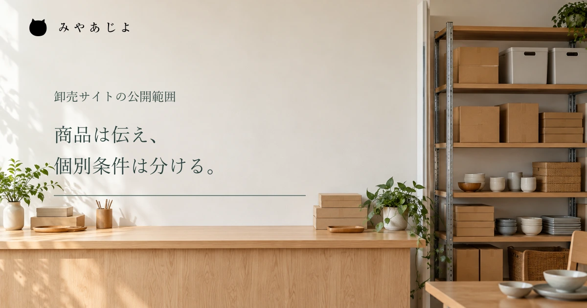 商品は伝え個別条件は分ける見出しと卸売商品展示室