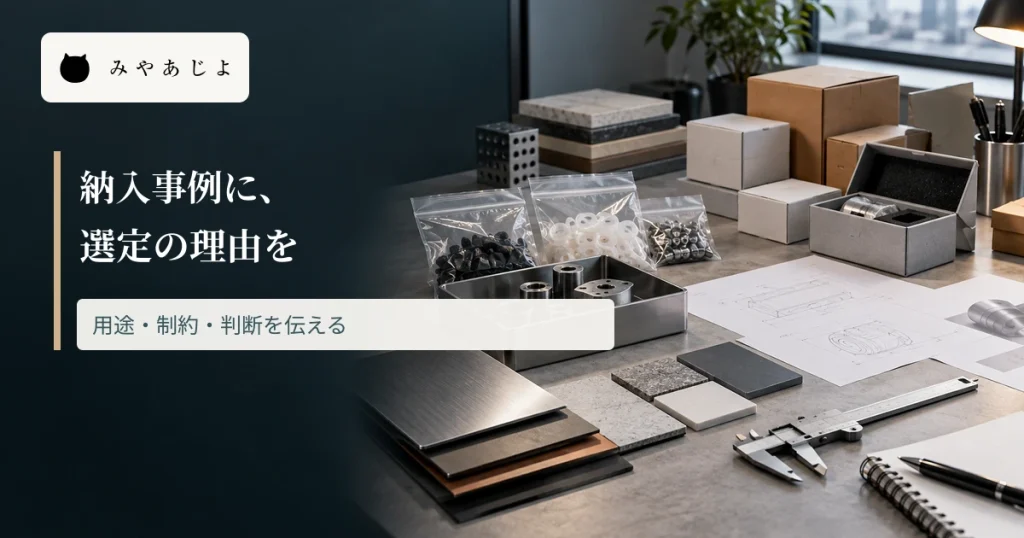 工業材料のサンプルと資料を並べ、納入事例に選定理由を添える見出しを重ねた画像