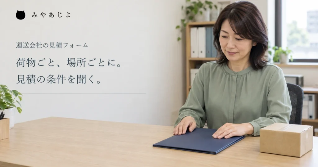 荷物と場所ごとに見積条件を聞く見出しと、運送会社で閉じた資料を持つ女性