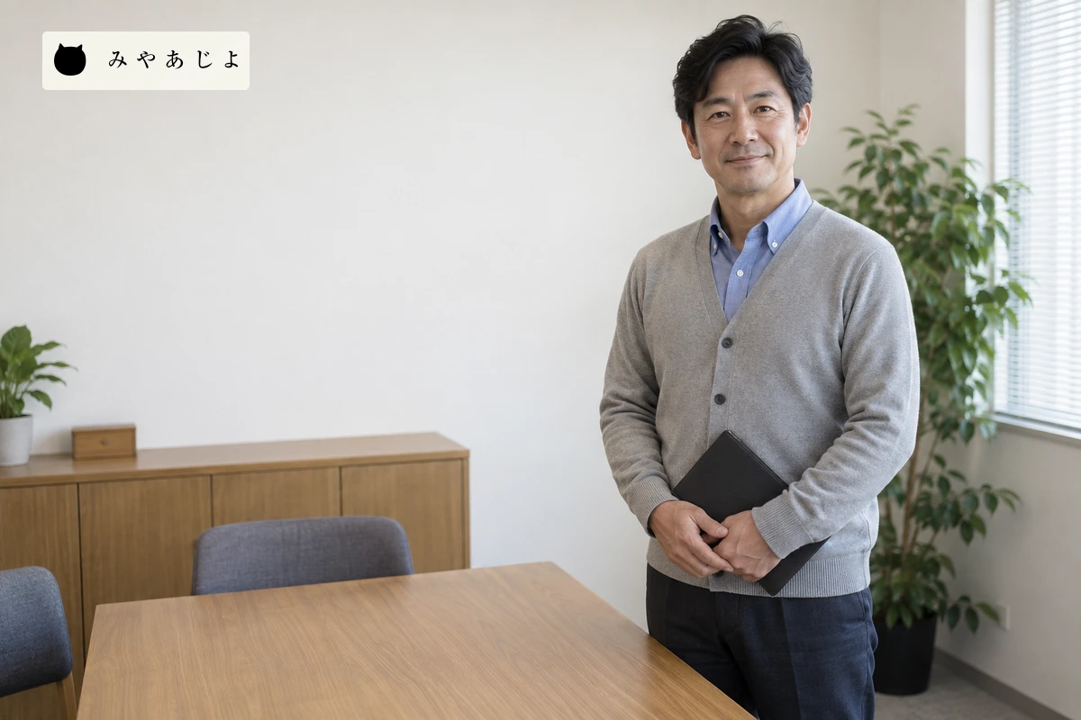 運送会社の相談卓で閉じたノートを持つ男性。実際の配車や荷役作業を示すものではない