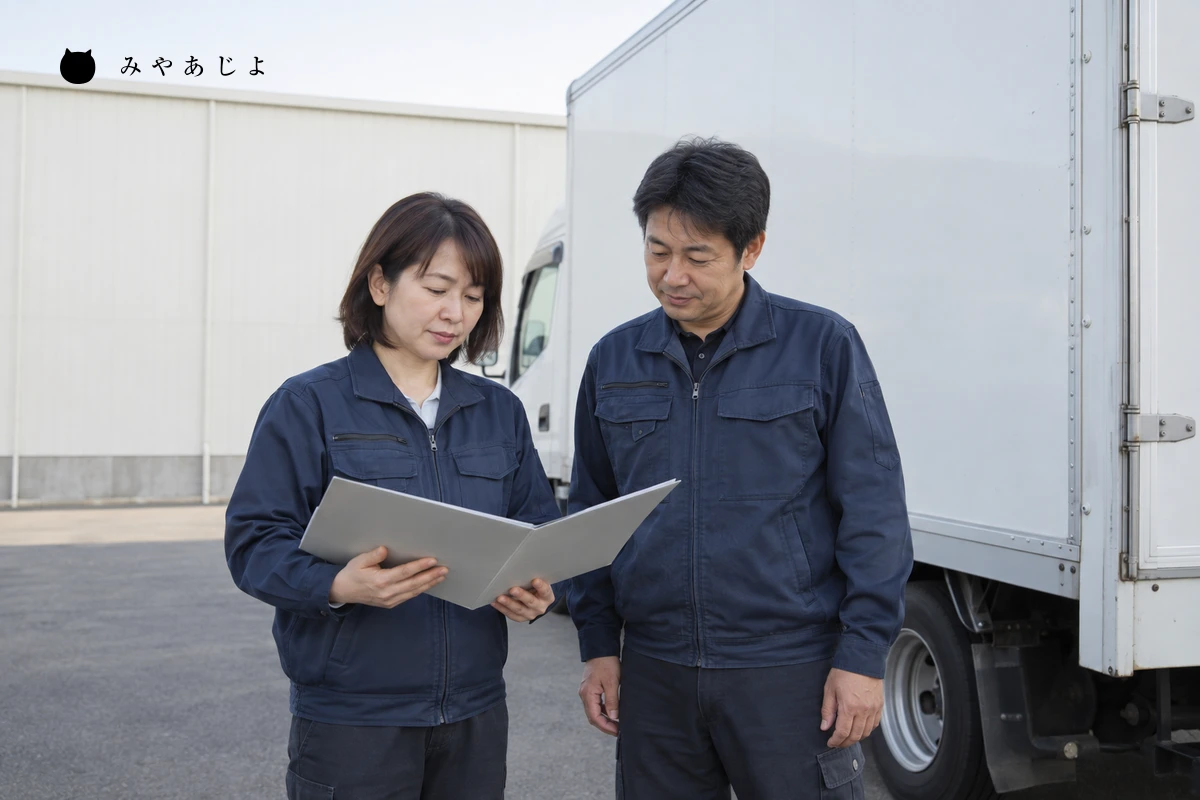 停車したトラックのそばで二人の担当者が資料を確認する編集イメージ