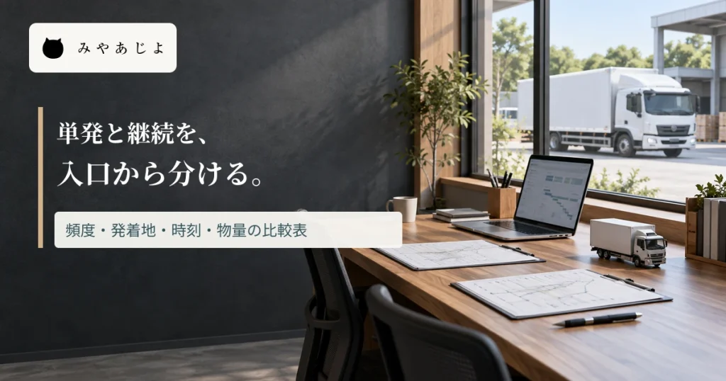 配車室の机とトラックを背景に単発と継続の相談入口を示す見出しを重ねた画像