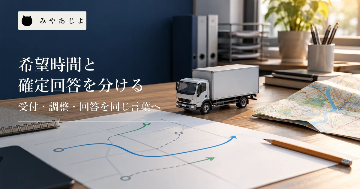白紙の受付票と無地の模型トラックを置いた運送会社の打合せ机