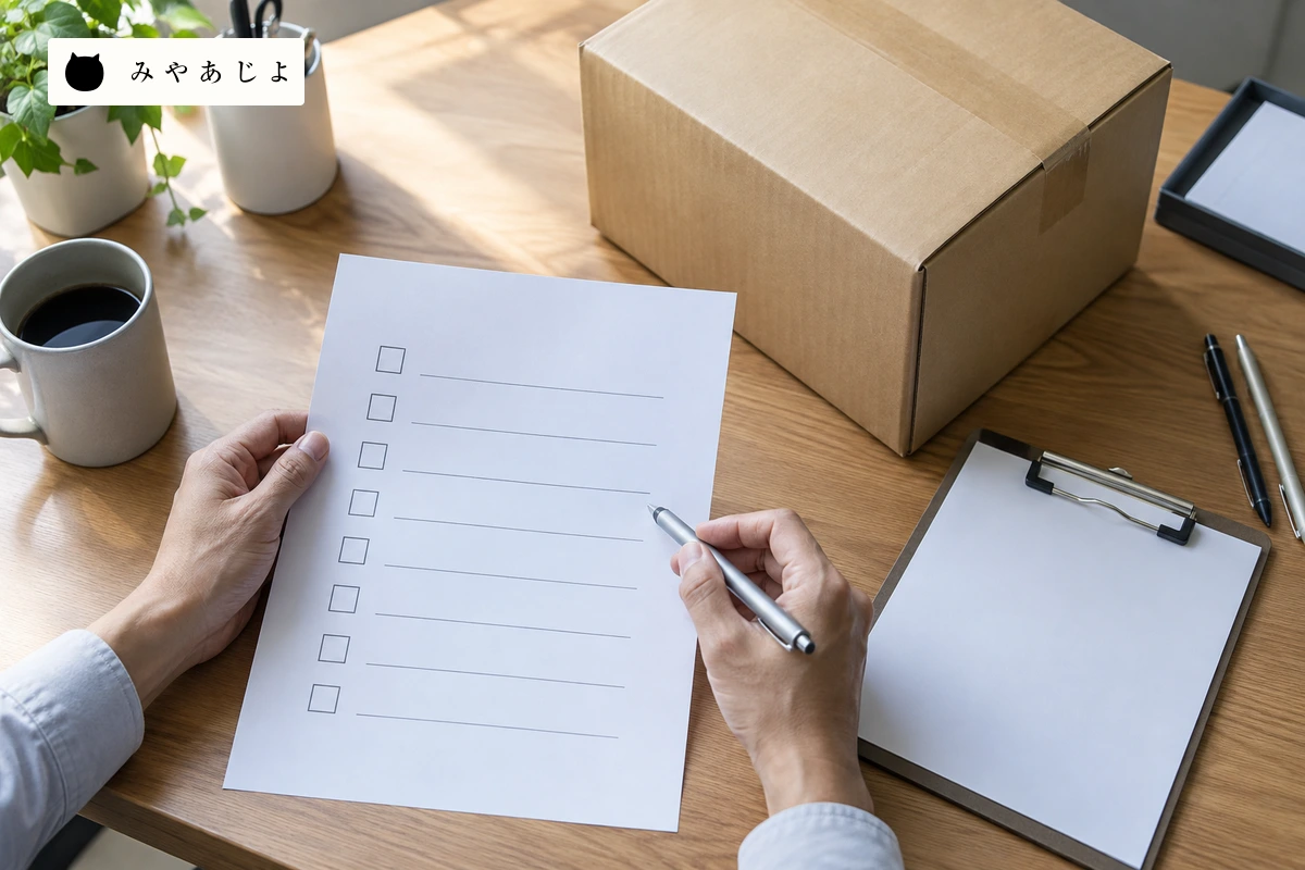 運送会社の担当者が無記名の集荷案内と箱の外観資料を机上で確認する場面