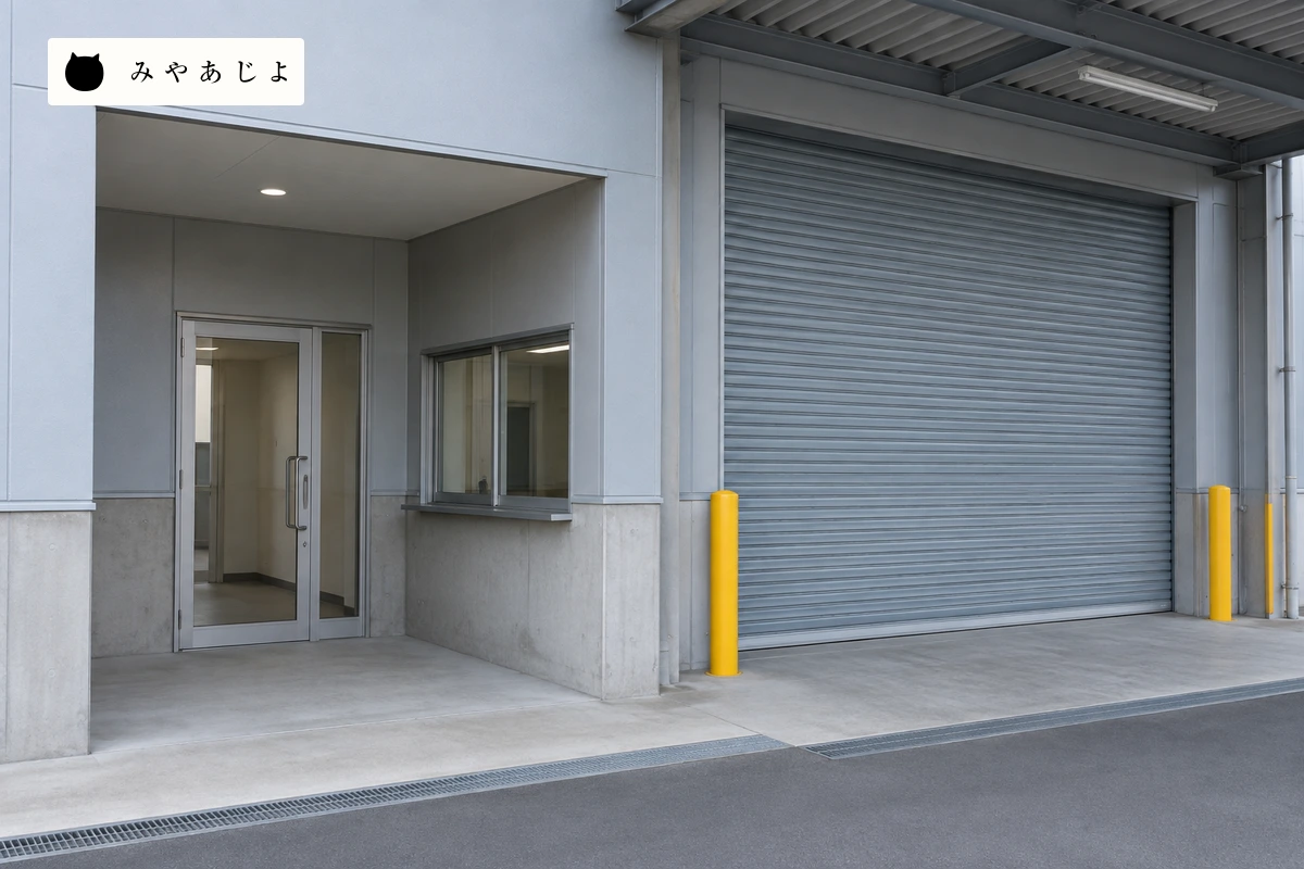 受付側通路とシャッターが見える無人の物流施設