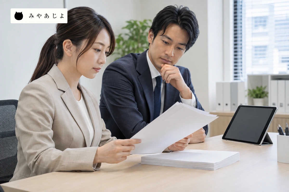 成人スタッフが無地の求人カードと応募画面の対応を確認する場面