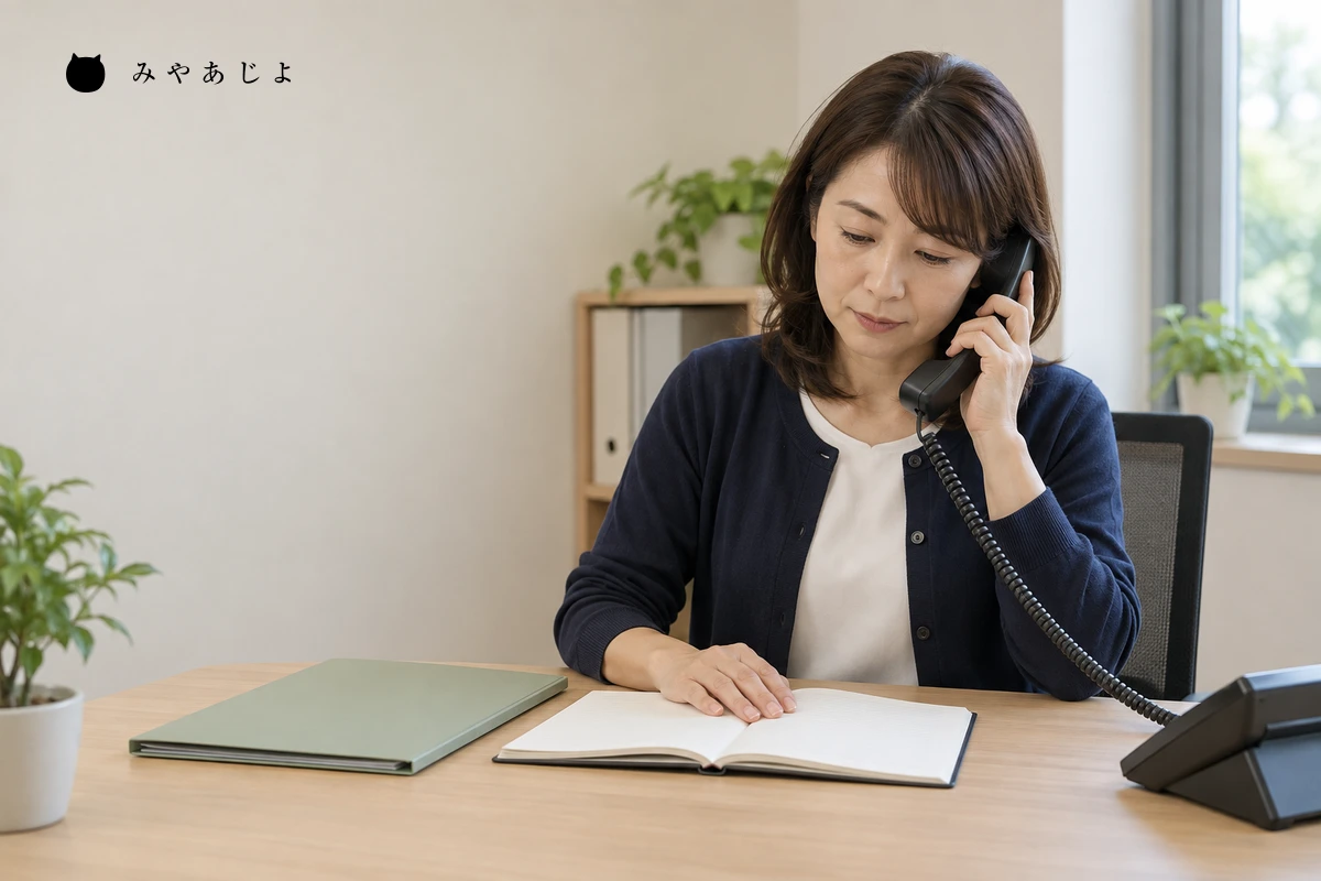 小さな事務所で、担当者が電話を受けながら業務の聞き取りメモを確認する編集イメージ
