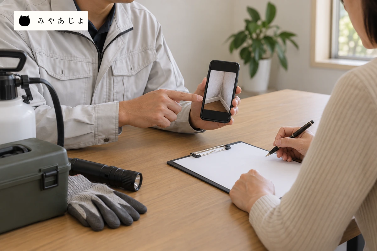 防除会社の担当者が、無記名の質問票とスマートフォンのぼかした画面を確認する場面