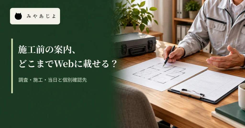 防除会社の相談場面に「施工前の案内、どこまでWebに載せる?」と記した編集イメージ