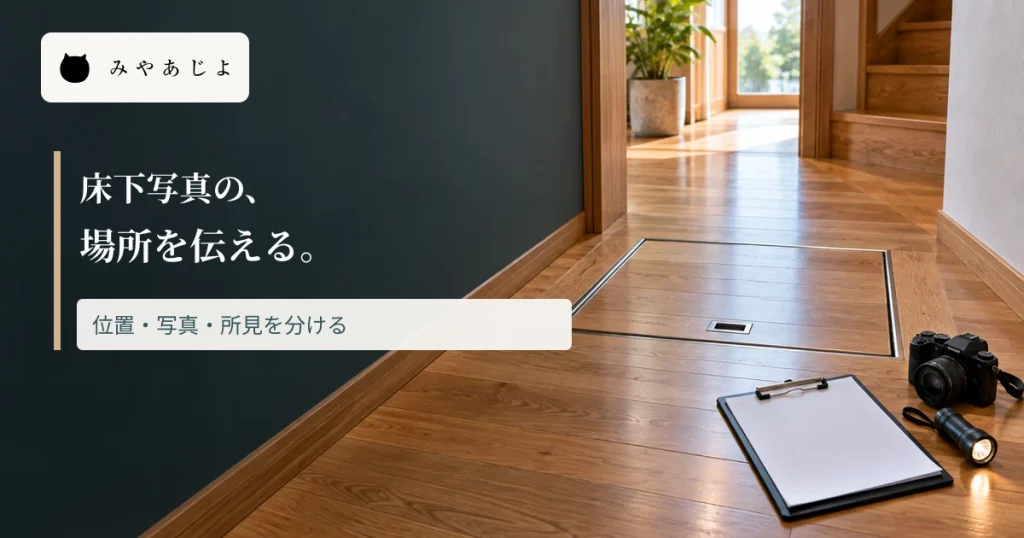 床下の点検口と記録用具に報告写真の位置を示す見出しを重ねた画像