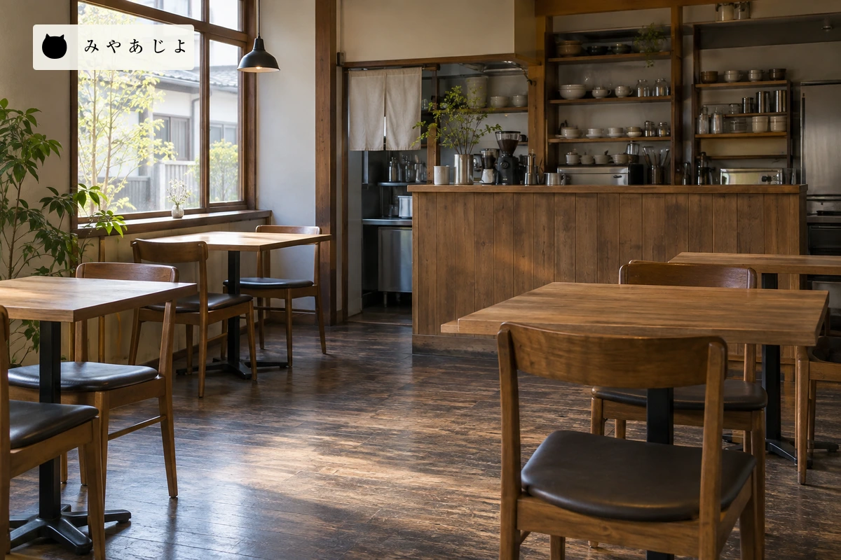 無人の飲食店。実在する店舗の衛生状態や防除成果を示すものではない