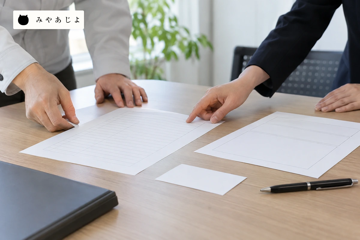 害虫防除会社の成人担当者が無記名の点検表と報告見本を机上で照合する場面