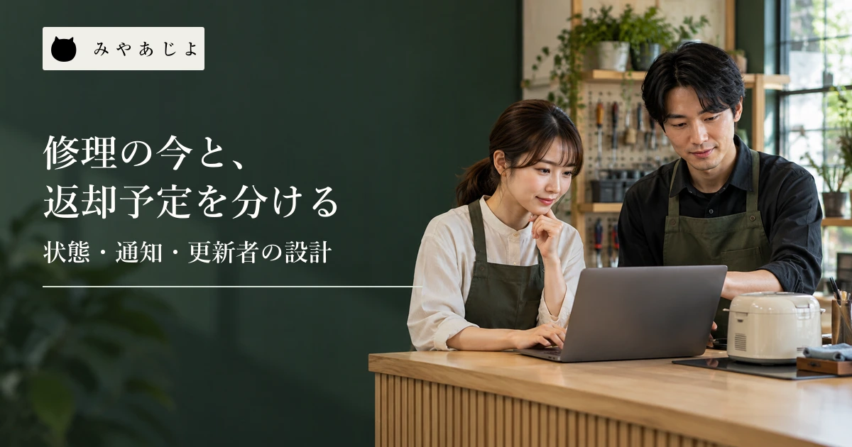 修理サービスの受付担当とWeb担当者が進捗画面を確認する場面