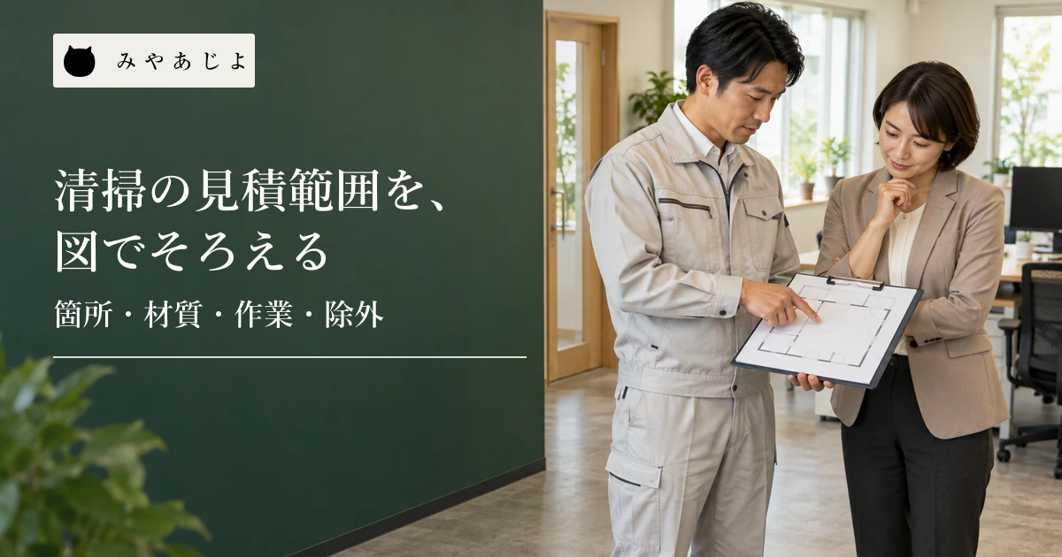 清掃会社の担当者と施設管理者がオフィスの床面と無記名の範囲図を確認する場面