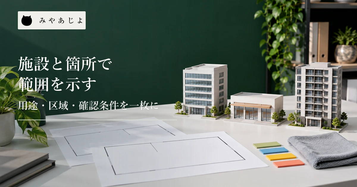 異なる施設用途を示す無地の模型と白紙の清掃範囲票を置いた机