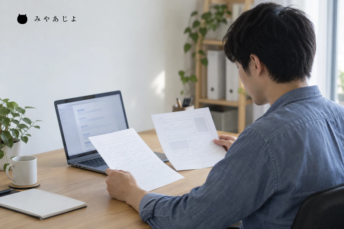 画面案と質問項目を確認する開発会社のWeb担当者のイメージ