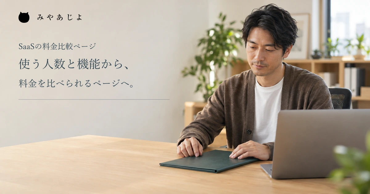 使う人数と機能から料金を比べられるページへという見出しと、SaaS会社で資料を確認する男性