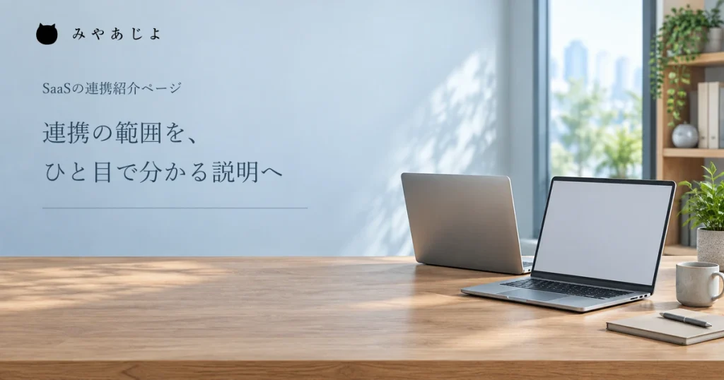 連携の範囲をひと目で分かる説明へ、二台のノートパソコンの編集イメージ