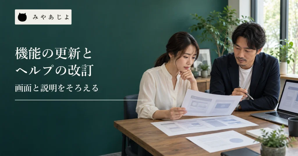 SaaS担当者二人が無記名の製品画面案とヘルプ原稿を確認する様子