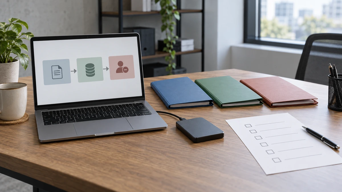 ノートPC、無地の資料、外部保存装置を置いてデータ出力の手順を確認する机