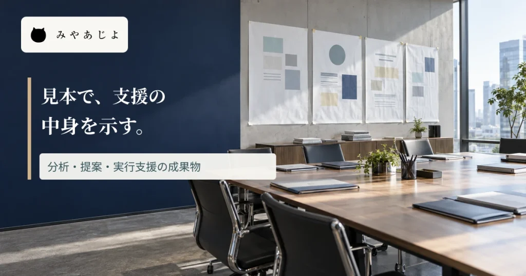 成果物の見本で支援内容を示す見出しを重ねた会議室画像