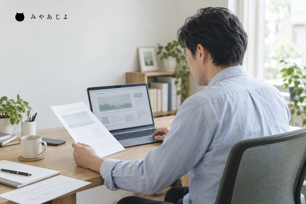 予約案内の画面と原稿を確認する法律事務所のWeb担当者