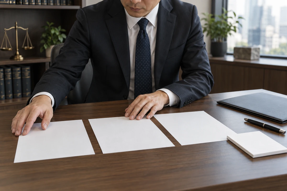 事務所の担当者が机に三枚の無記名の用紙を並べて確認する手元