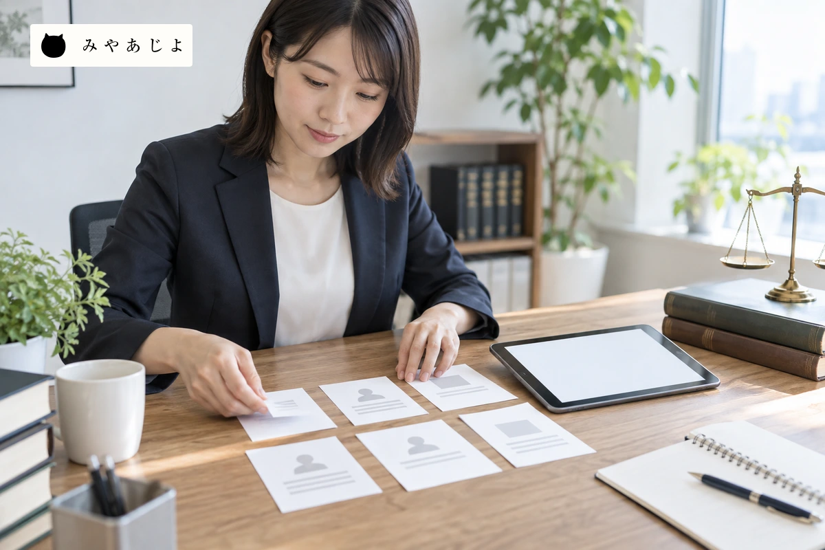 成人事務所スタッフが白紙のプロフィール構成を机で確認する場面