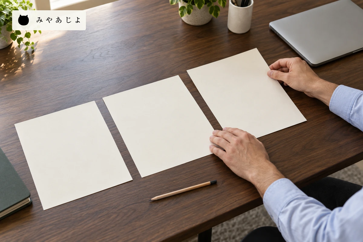 無地の資料三枚を整理する編集場面