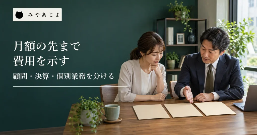 白紙の三つの資料を並べて業務範囲を確認する会計事務所の相談風景