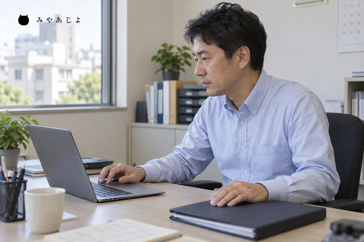 会計事務所でパソコンと閉じた資料を確認する場面