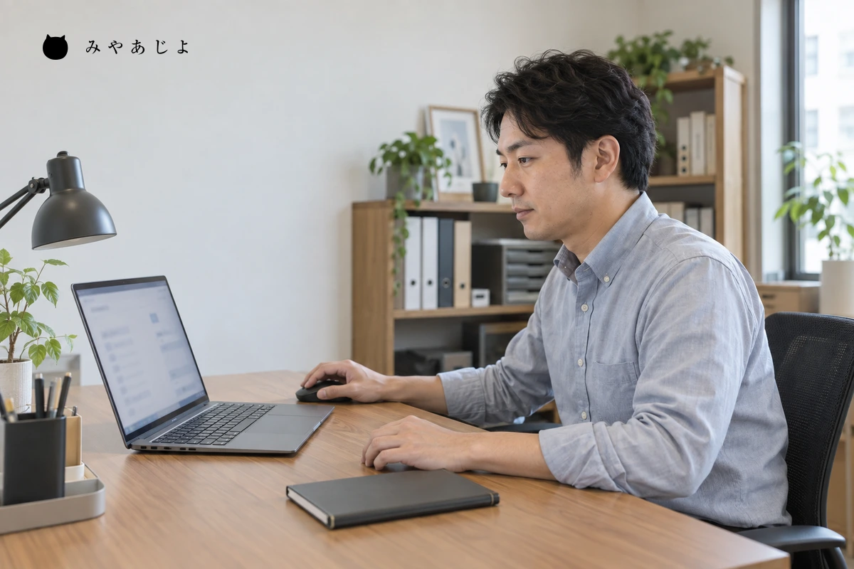 担当者がノートパソコンの受付画面を確認する編集イメージ