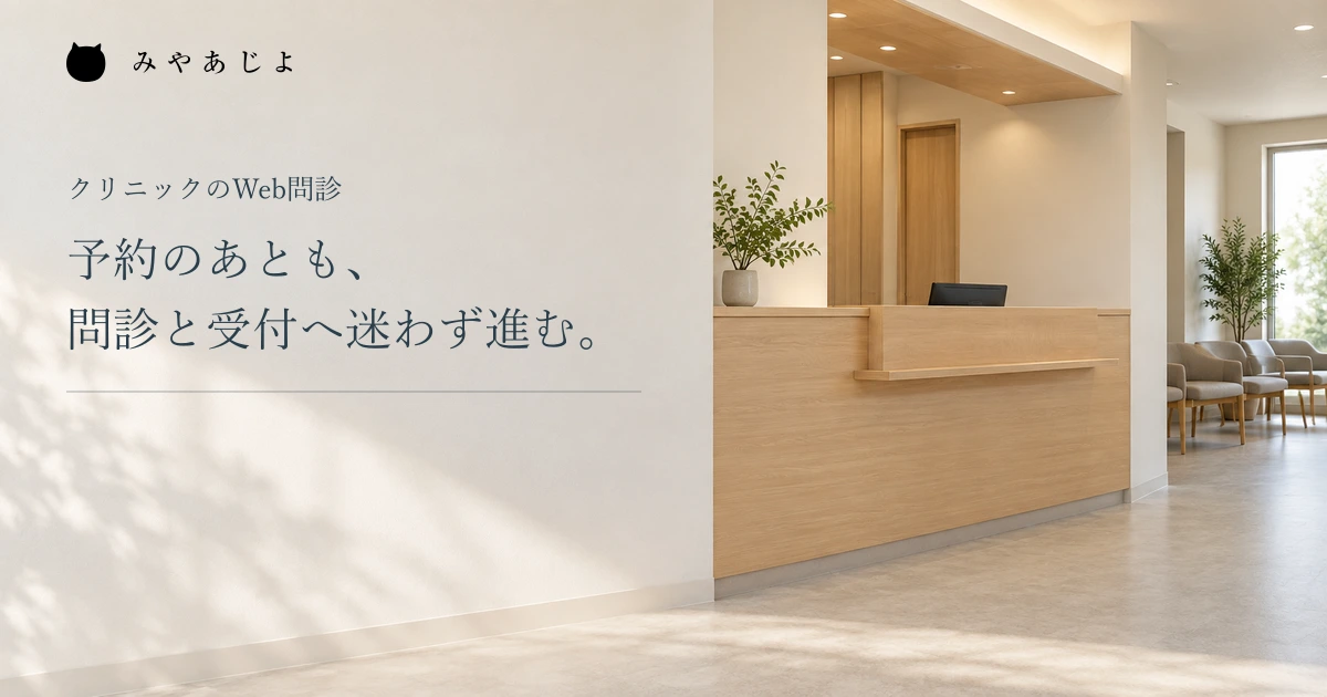 予約後の問診と受付をつなぐ見出しと、無人の架空クリニックの受付