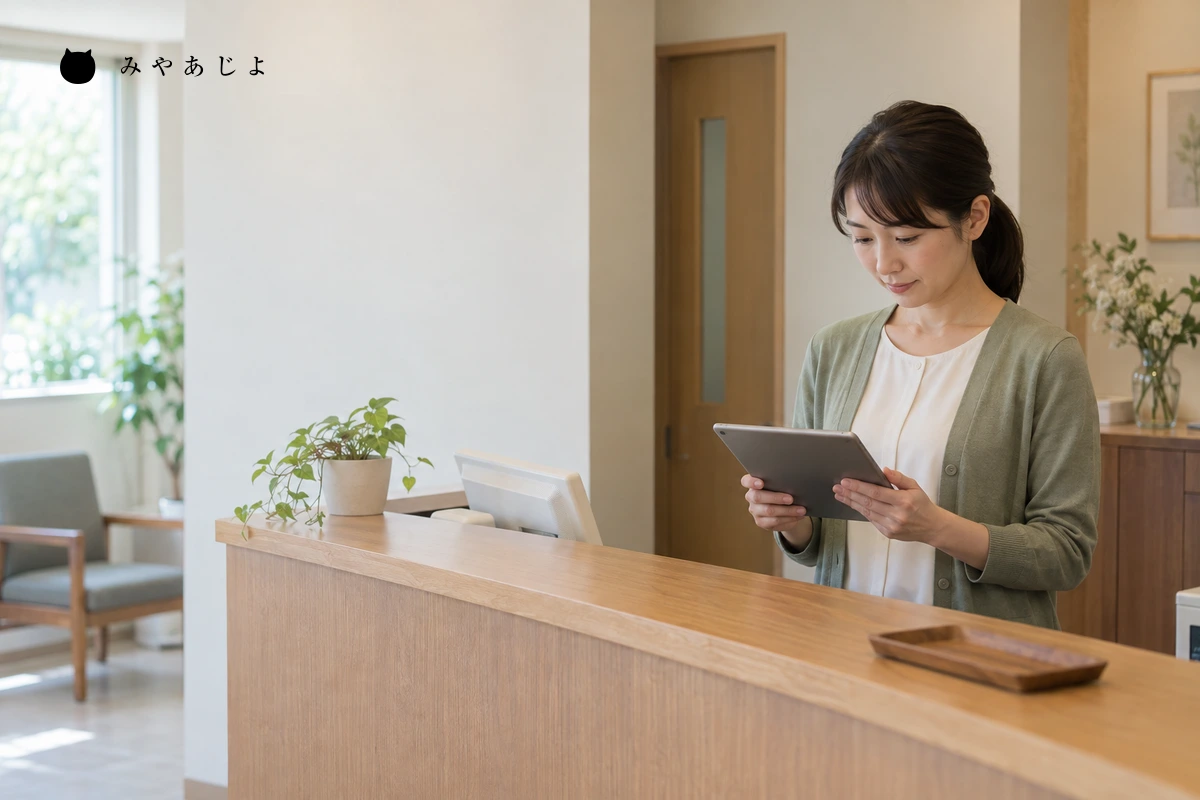クリニック受付でタブレットを確認する事務担当者。実際の患者情報や医院の実績ではない