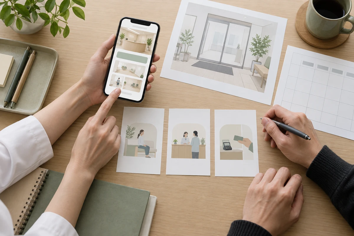 クリニック担当者がスマートフォンの初診ページ案と受付・会計の無記名カードを机上で確認する手元