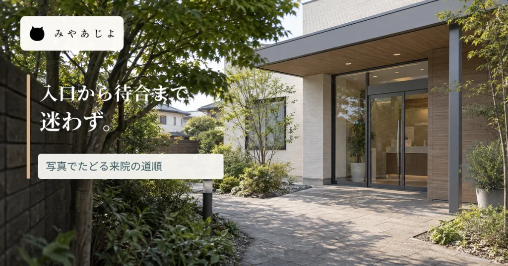 診療所入口の写真に「入口から待合まで、迷わず」と記した画像