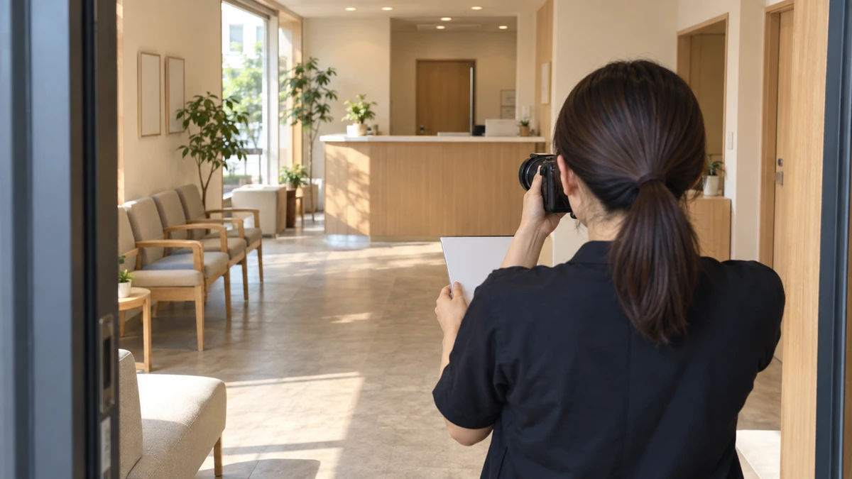 診療所でスタッフが入口から受付を撮影する写真