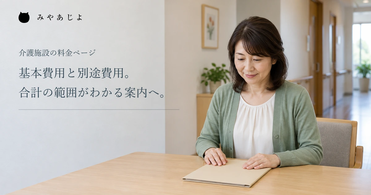 基本費用と別途費用を分ける見出しと、相談机の施設担当者