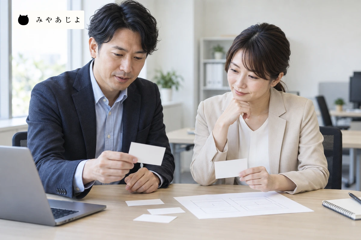 成人介護事業所スタッフ二人が無地の受付案内カードと白紙の画面案を確認する場面