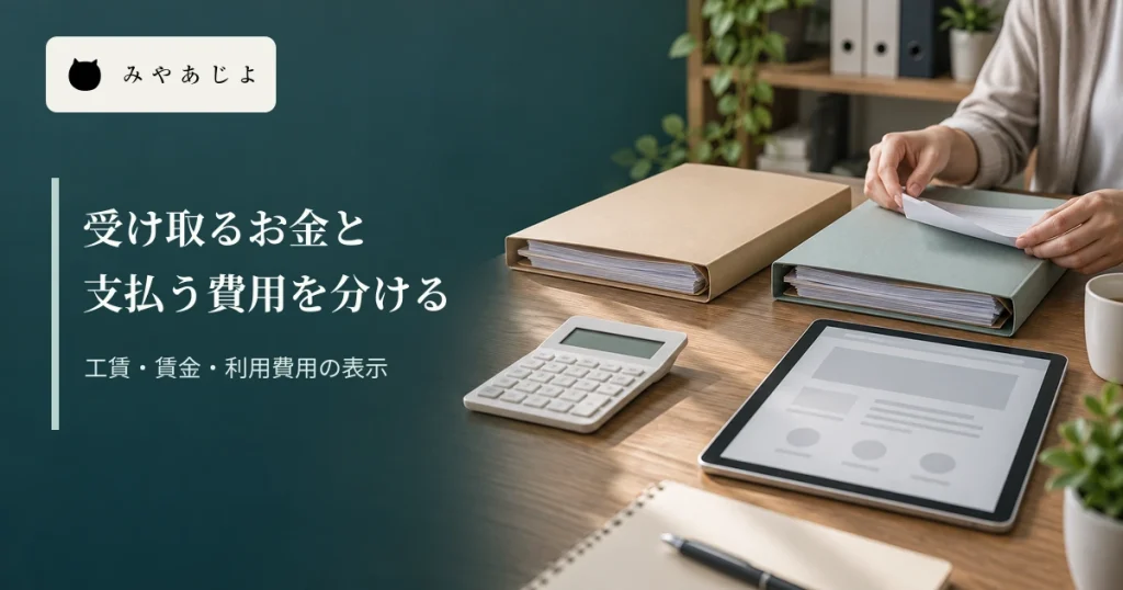 事業所の資料整理写真に「受け取るお金と支払う費用を分ける」と記した編集イメージ