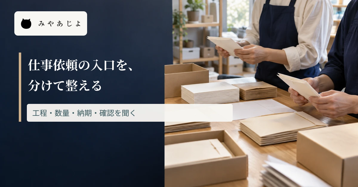 仕事場で封入資材を確認する手元に、企業からの仕事依頼の入口を整える見出しを重ねた画像