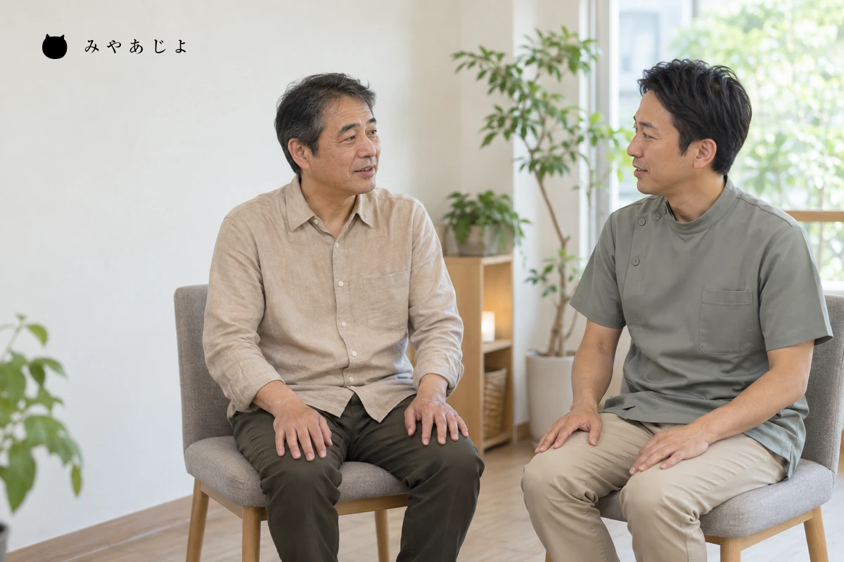 施術前の説明を聞く成人と担当者、紙や机を使わず対話する編集イメージ